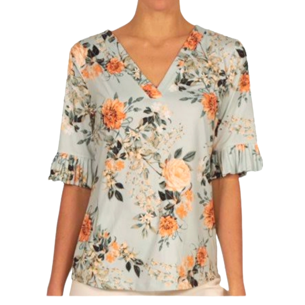 Emaline Women's Pleated Sleeves Floral Print V Neck Top Size Large